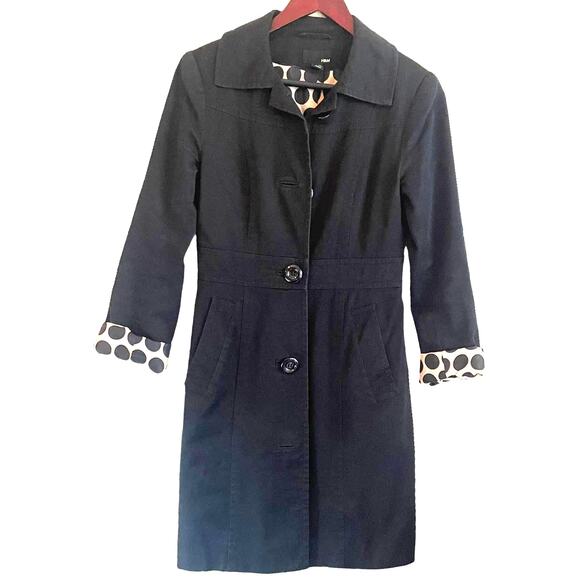 H&M Women Coat 4 Black Contrast Lining Trench Long Line Stylish Jacket Chic - Picture 1 of 11